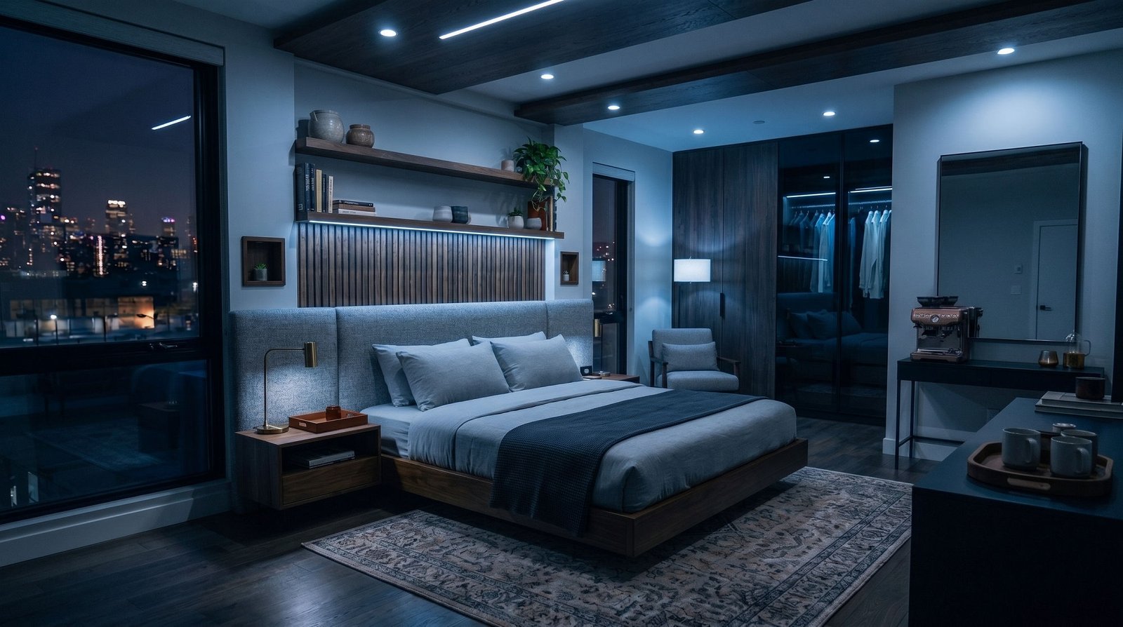 Quarto com luz branco frio acesa