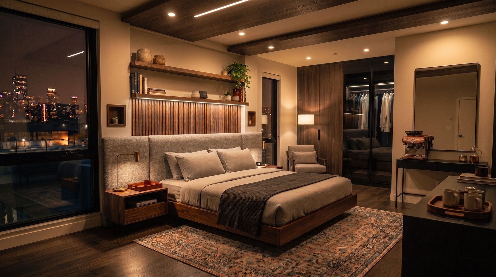 Quarto com luz branco quente acesa