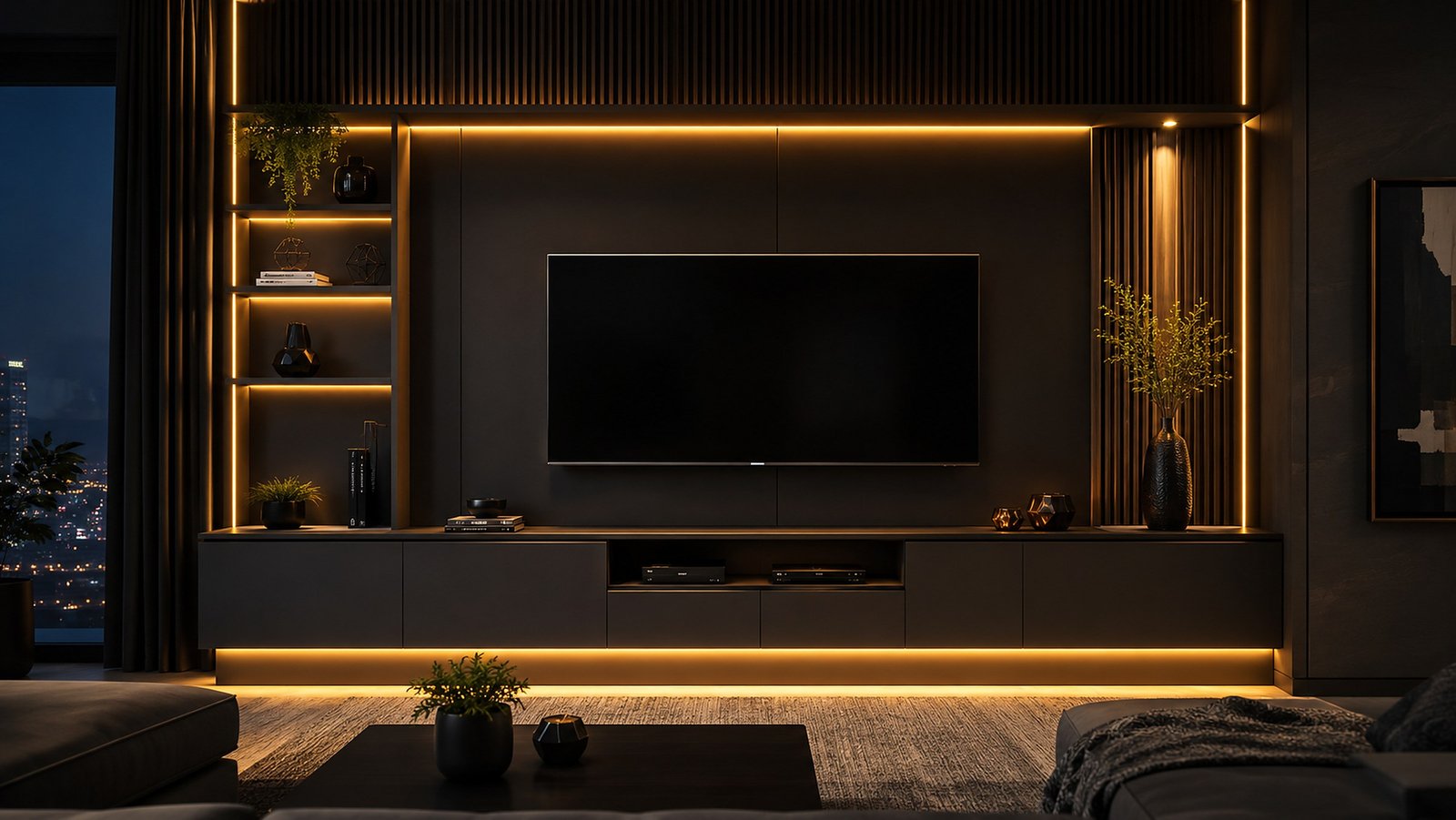 Sala com luz branco quente acesa